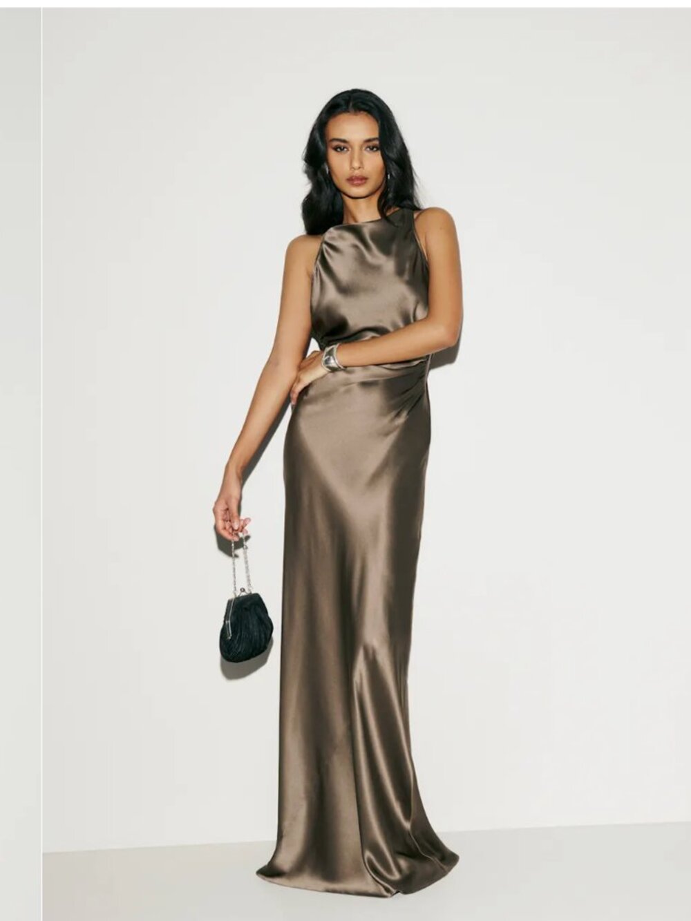 NWT Reformation Anaiis Silk Dress in Morel Brown Cowl Back Maxi Gown